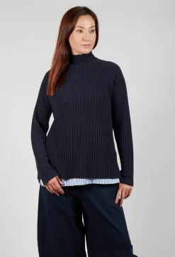 Jumper with Striped Underlay in Dark Navy and Off White