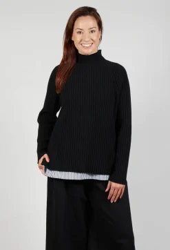 Jumper with Striped Underlay in Nero and Off White Antracite