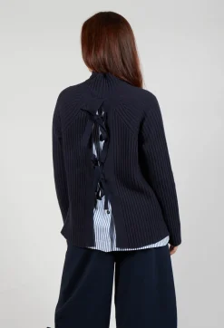 Jumper with Striped Underlay in Dark Navy and Off White