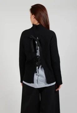 Jumper with Striped Underlay in Nero and Off White Antracite