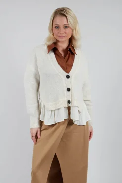 Knitted Cardigan with Frill Hem in White Wool