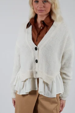 Knitted Cardigan with Frill Hem in White Wool