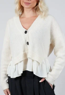 Knitted Cardigan with Frill Hem in White Wool