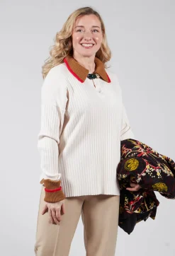 Knitted Collar V Neck Loose Fit Jumper in Biege