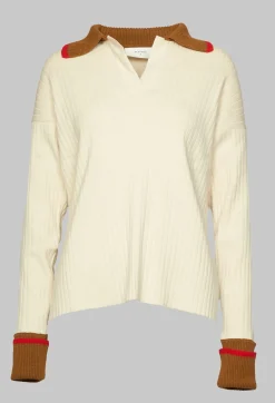 Knitted Collar V Neck Loose Fit Jumper in Biege