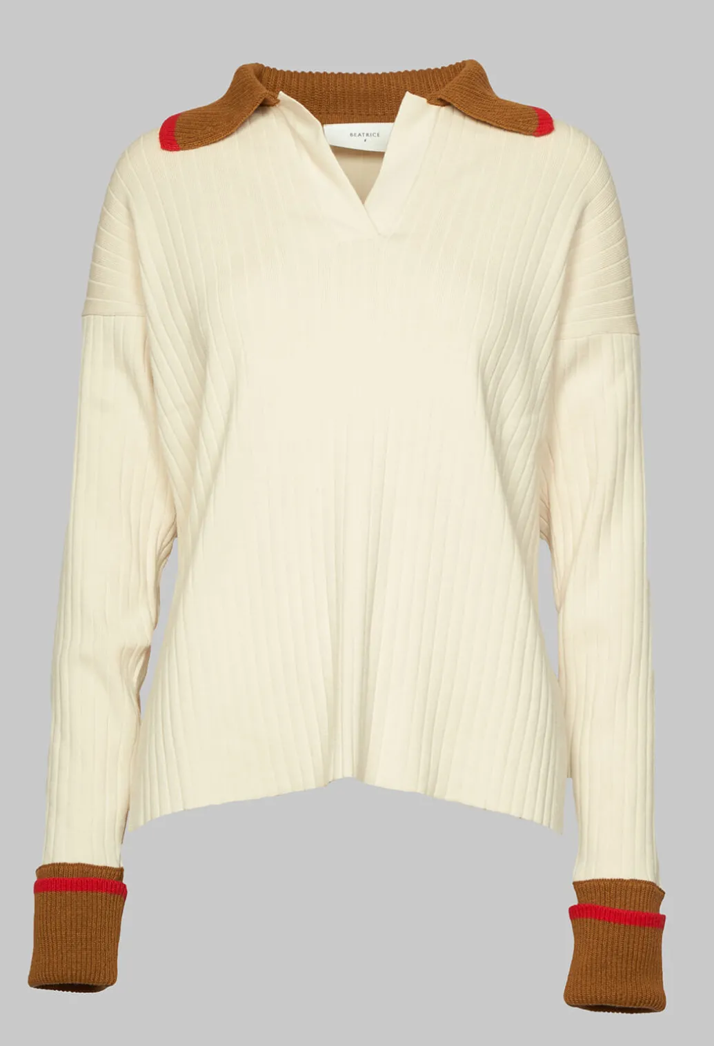 Knitted Collar V Neck Loose Fit Jumper in Biege