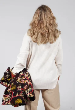 Knitted Collar V Neck Loose Fit Jumper in Biege