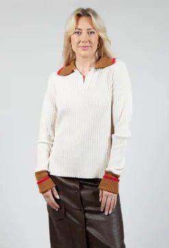 Knitted Collar V Neck Loose Fit Jumper in Biege