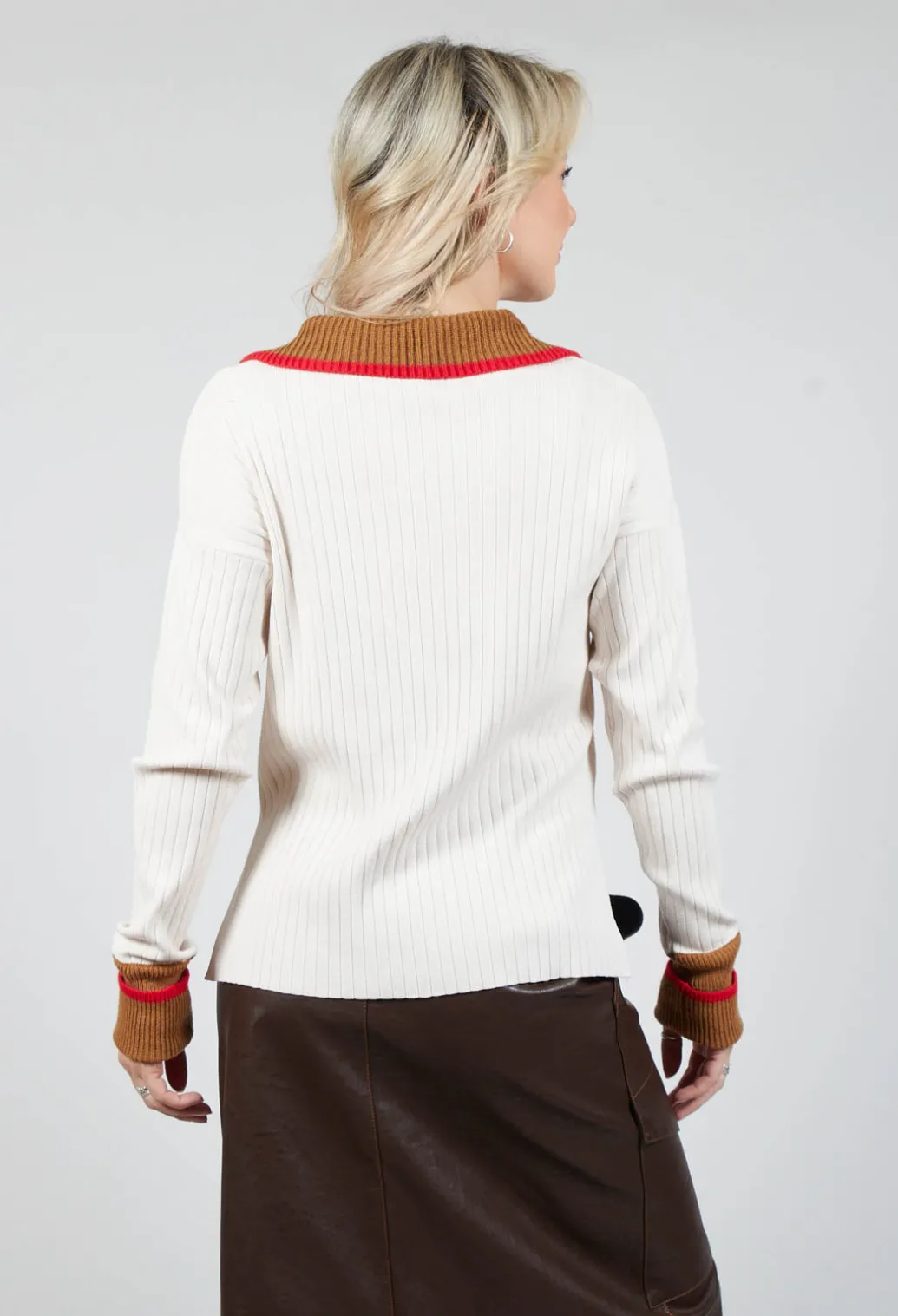 Knitted Collar V Neck Loose Fit Jumper in Biege