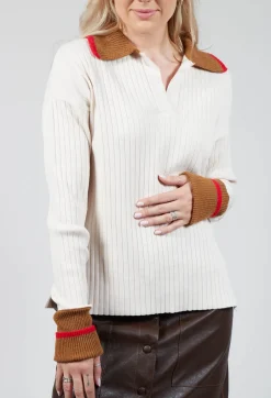 Knitted Collar V Neck Loose Fit Jumper in Biege