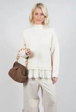 Knitted Jumper with Frill Hem in White Wool