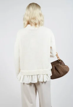 Knitted Jumper with Frill Hem in White Wool