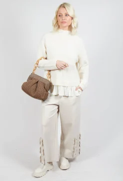 Knitted Jumper with Frill Hem in White Wool