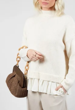 Knitted Jumper with Frill Hem in White Wool
