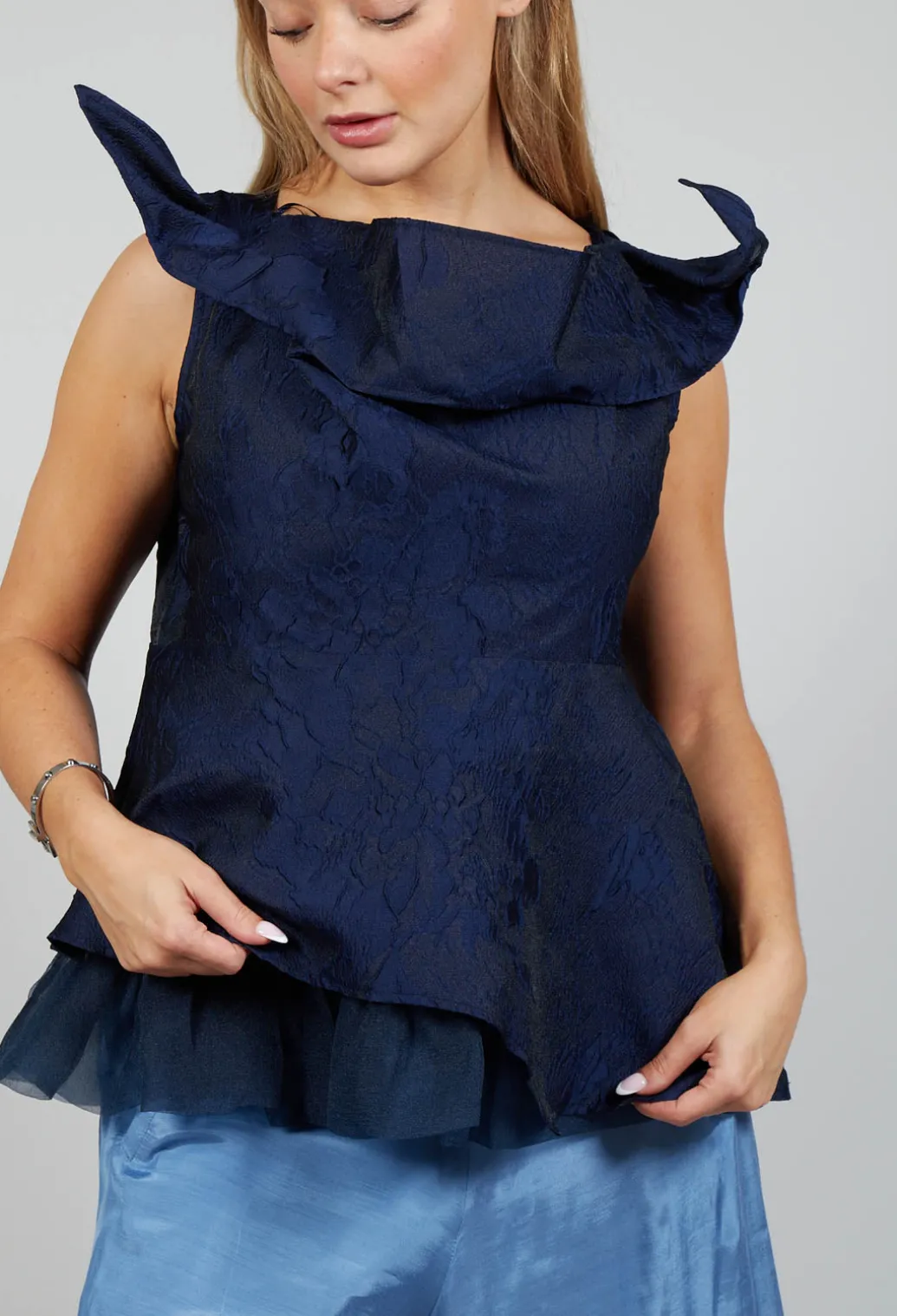 Lace Cowl Neckline Top in Blue