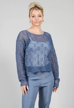 Lace Round-Neck Jumper in Steel Blue