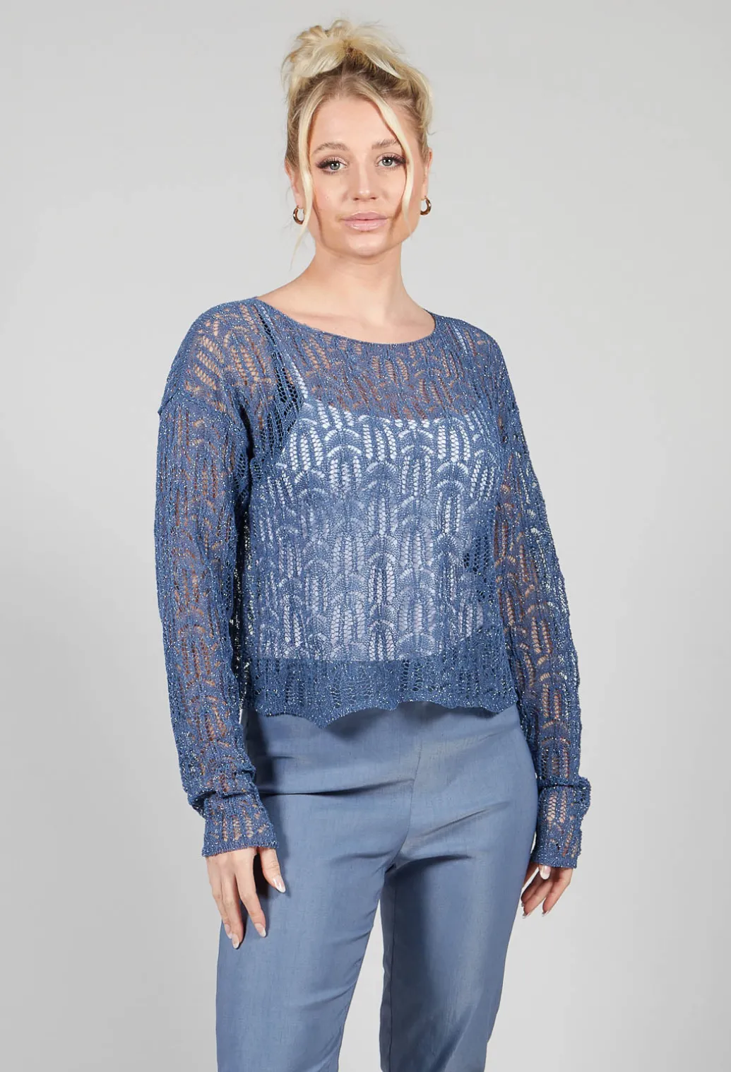 Lace Round-Neck Jumper in Steel Blue