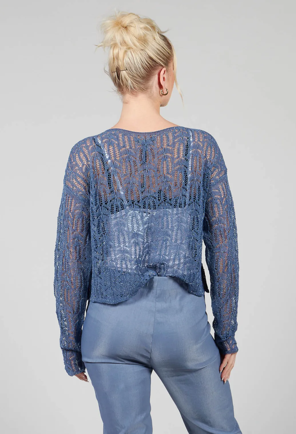 Lace Round-Neck Jumper in Steel Blue