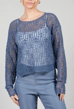 Lace Round-Neck Jumper in Steel Blue
