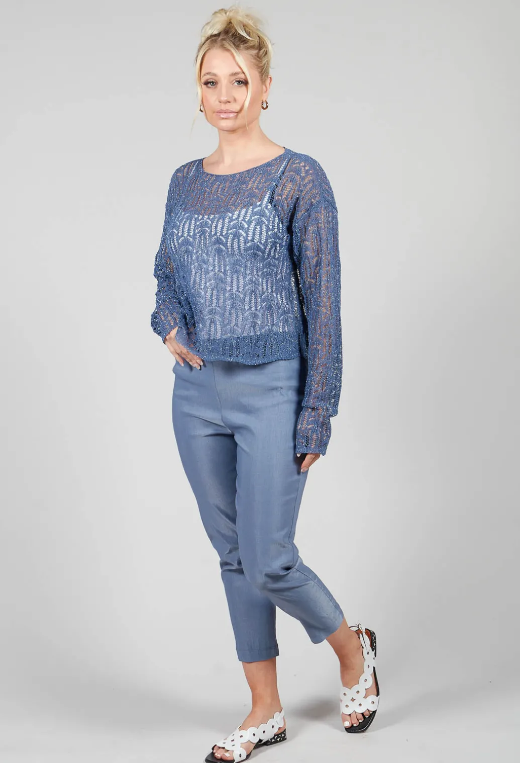 Lace Round-Neck Jumper in Steel Blue