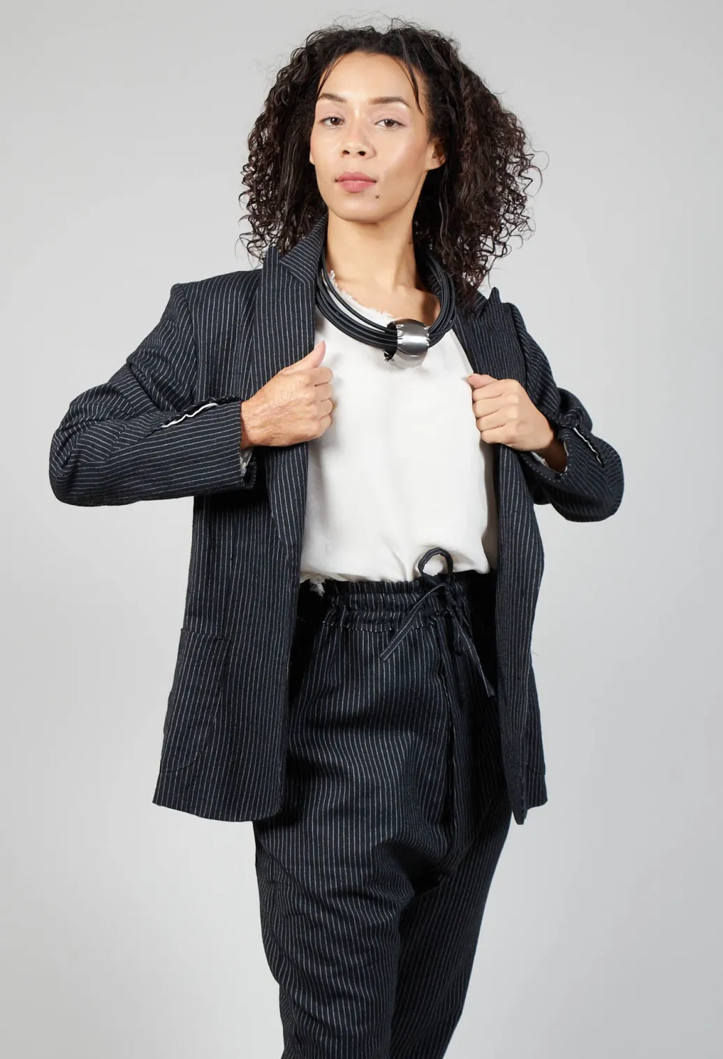Lapel Blazer in Black Pinstripe