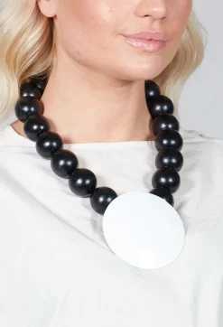 Large Beaded Necklace with Black Pendant in Black