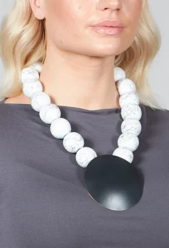 Large Beaded Necklace with Black Pendant in White