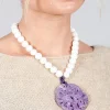 Large Beaded Necklace with Dragon Pendant in White and Purple