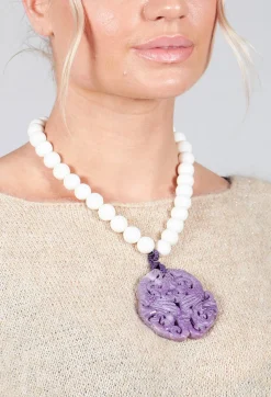 Large Beaded Necklace with Dragon Pendant in White and Purple