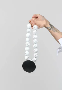 Large Beaded Necklace with Black Pendant in White