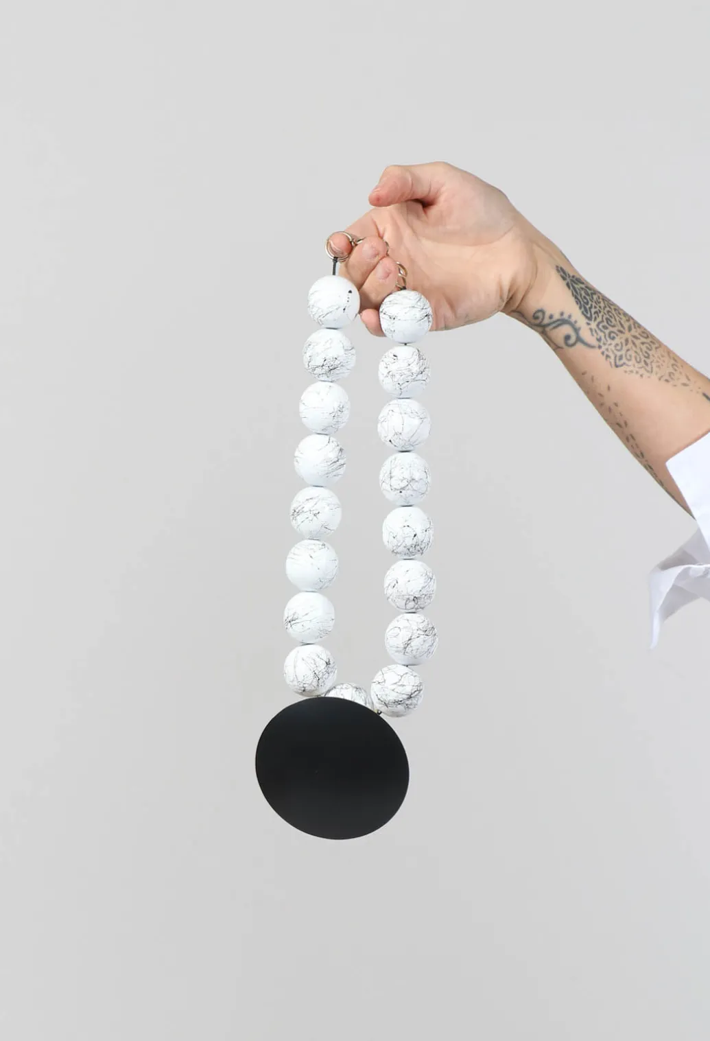 Large Beaded Necklace with Black Pendant in White