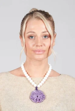 Large Beaded Necklace with Dragon Pendant in White and Purple