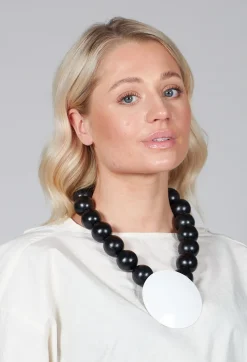 Large Beaded Necklace with Black Pendant in Black