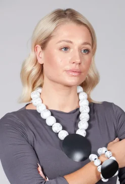 Large Beaded Necklace with Black Pendant in White