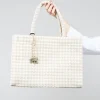 Large Tote Bag with Dogtooth Print in Off White and Sand