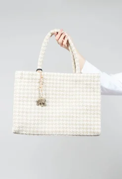 Large Tote Bag with Dogtooth Print in Off White and Sand