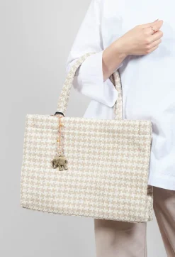 Large Tote Bag with Dogtooth Print in Off White and Sand