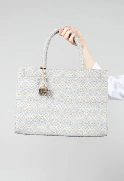 Large Tote Bag with Flower Print in Steel Grey