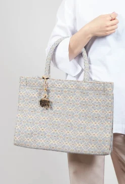 Large Tote Bag with Flower Print in Steel Grey