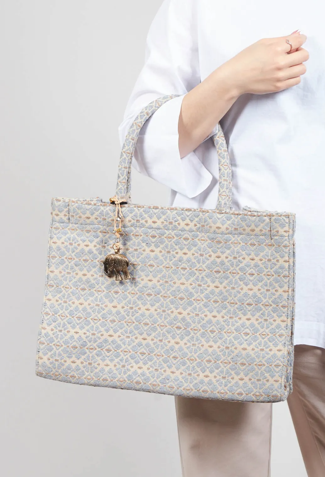 Large Tote Bag with Flower Print in Steel Grey