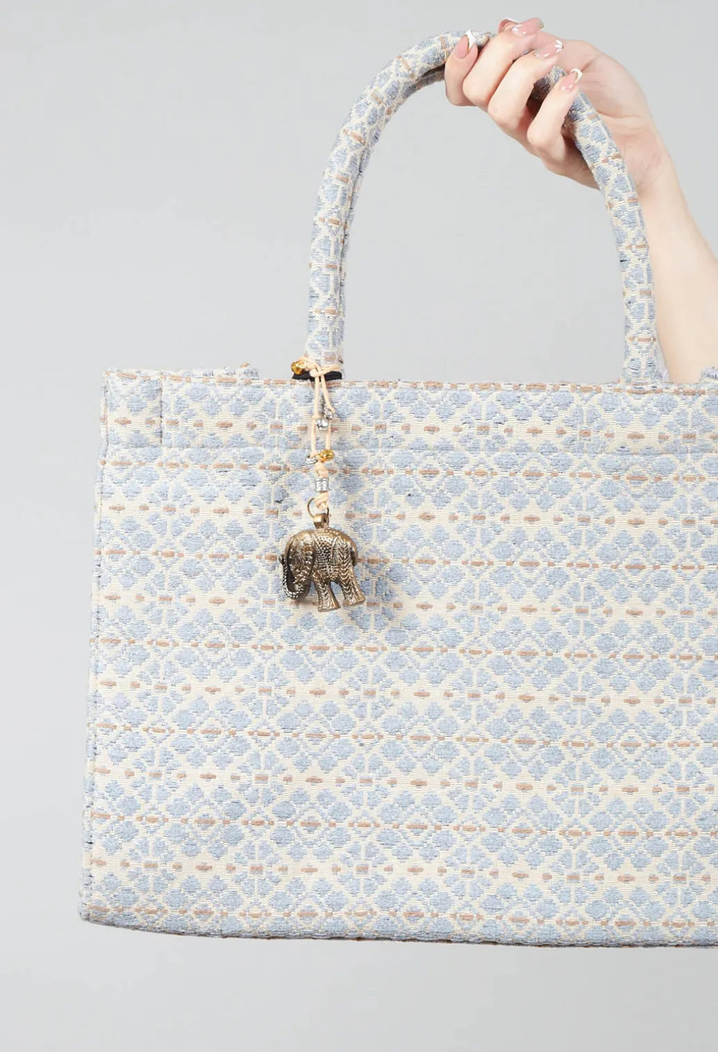 Large Tote Bag with Flower Print in Steel Grey