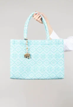 Large Tote Bag with Geometric Print in Ocean Blue