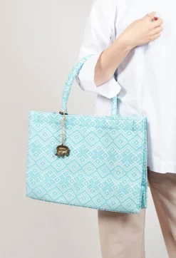 Large Tote Bag with Geometric Print in Ocean Blue