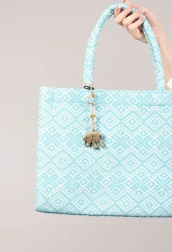 Large Tote Bag with Geometric Print in Ocean Blue