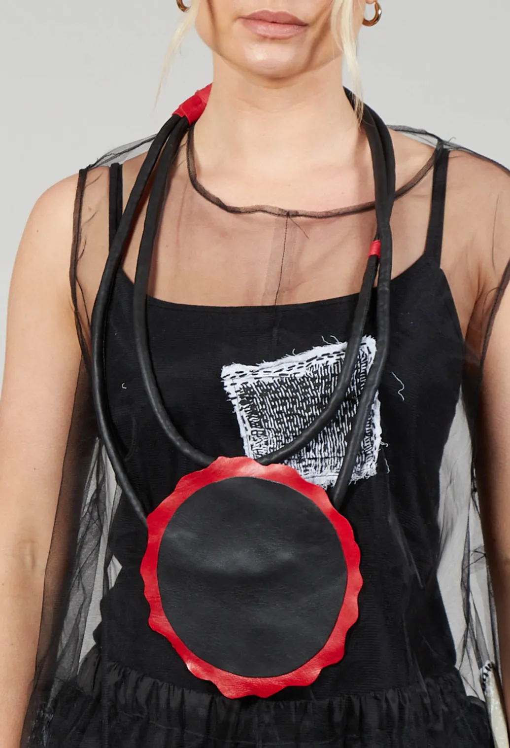 Leather Disc Necklace in Black and Red