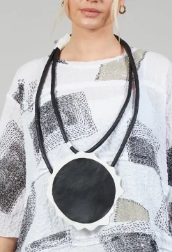 Leather Disc Necklace in Black and White