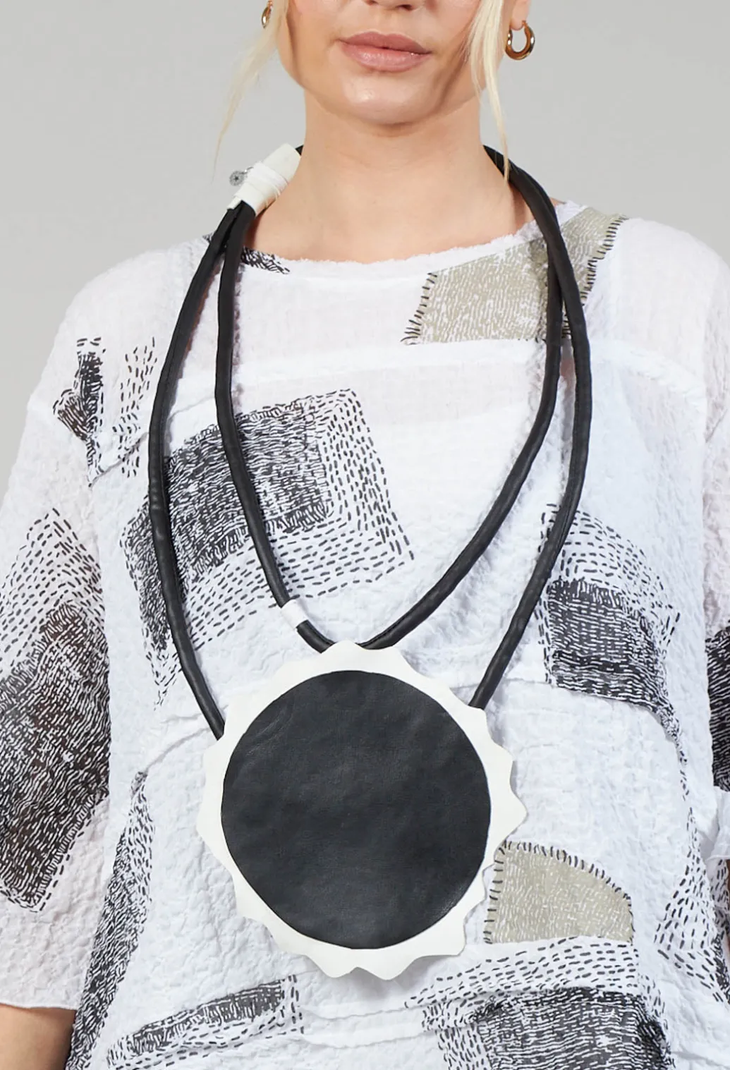 Leather Disc Necklace in Black and White