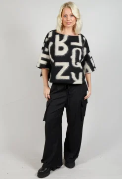 Letter Print Sweater in Black and Cream