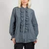 Light Taffeta Blouse with Ruffles in Oliv