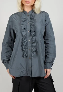 Light Taffeta Blouse with Ruffles in Oliv